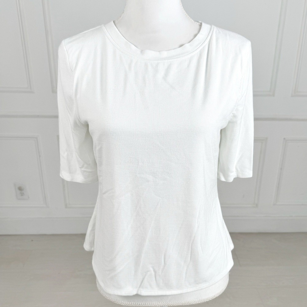 Soma Ribbed Knit Top Women‎ Large White Elbow Sleeve Crew Neck Lenzing Ecovero